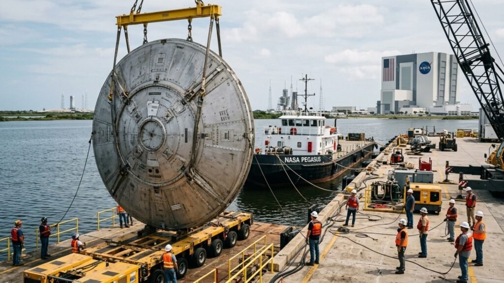 Estrutura gigantesca com formato de OVNI chega ao Centro Espacial Kennedy da NASA e chama atenção