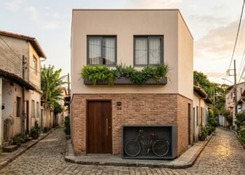 Fachada estreita de casa de vila ganha tijolinho antigo, floreira e soluções inteligentes