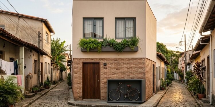 Fachada estreita de casa de vila ganha tijolinho antigo, floreira e soluções inteligentes
