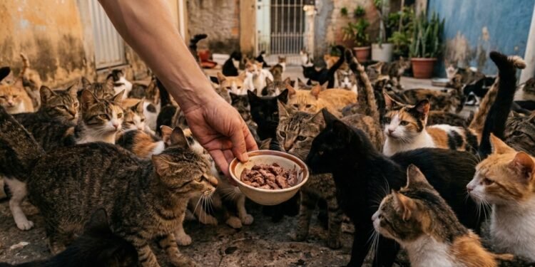 Morador coloca comida no quintal para alimentar os gatos de rua do bairro, mas a colônia felina que se forma acaba virando reclamação de vizinhos e notificação da prefeitura