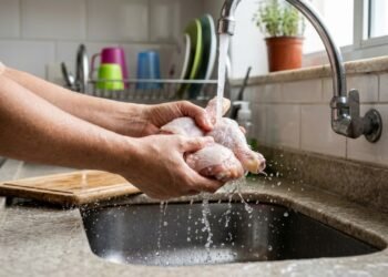Lavar frango cru antes de cozinhar espalha bactérias pela cozinha e aumenta o risco de contaminação