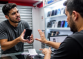Cliente segura um celular com a tela apagada e discute com o vendedor em uma loja de aparelhos usados, diante de recibos e outros telefones expostos.