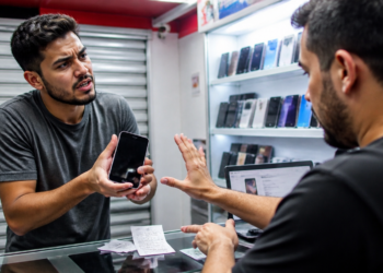Cliente segura um celular com a tela apagada e discute com o vendedor em uma loja de aparelhos usados, diante de recibos e outros telefones expostos.