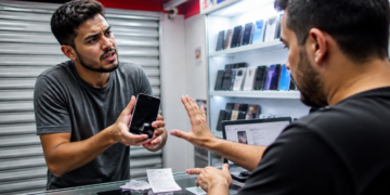 Cliente segura um celular com a tela apagada e discute com o vendedor em uma loja de aparelhos usados, diante de recibos e outros telefones expostos.