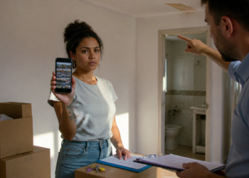 Mulher em apartamento vazio mostra um celular com várias fotos na tela enquanto um homem com prancheta aponta para a parede, ao lado de caixas de mudança e documentos.