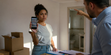 Mulher em apartamento vazio mostra um celular com várias fotos na tela enquanto um homem com prancheta aponta para a parede, ao lado de caixas de mudança e documentos.