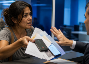 Mulher apresenta documentos e dois celulares a um atendente de banco, que ergue a mão em gesto de recusa durante a conversa no balcão.
