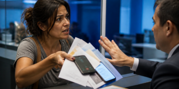 Mulher apresenta documentos e dois celulares a um atendente de banco, que ergue a mão em gesto de recusa durante a conversa no balcão.