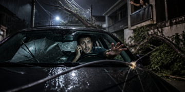 Homem dentro de um carro parado em rua alagada à noite segura um celular e estende a mão diante de um cabo de energia caído sobre o capô, sob chuva forte.