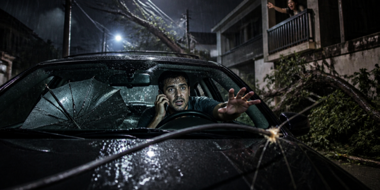 Homem dentro de um carro parado em rua alagada à noite segura um celular e estende a mão diante de um cabo de energia caído sobre o capô, sob chuva forte.