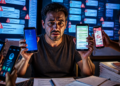 Homem segura dois celulares com conversas abertas enquanto outras pessoas mostram aparelhos ao redor, diante de telas com mensagens e alertas de segurança.