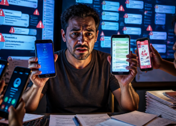 Homem segura dois celulares com conversas abertas enquanto outras pessoas mostram aparelhos ao redor, diante de telas com mensagens e alertas de segurança.