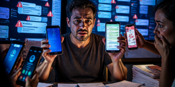 Homem segura dois celulares com conversas abertas enquanto outras pessoas mostram aparelhos ao redor, diante de telas com mensagens e alertas de segurança.