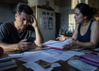 Homem olha preocupado para o celular enquanto uma mulher apresenta uma pasta com documentos, recibos e comprovantes espalhados sobre a mesa da cozinha.