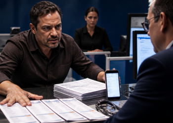 Homem apresenta um celular e várias contas impressas a um atendente em um balcão, com expressão séria durante a contestação de cobranças repetidas.