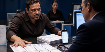 Homem apresenta um celular e várias contas impressas a um atendente em um balcão, com expressão séria durante a contestação de cobranças repetidas.