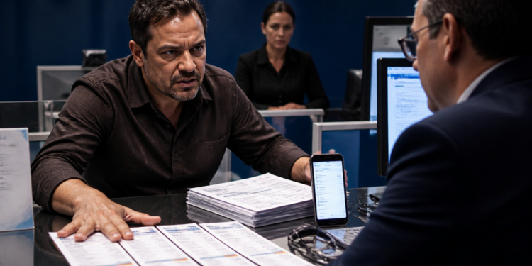 Homem apresenta um celular e várias contas impressas a um atendente em um balcão, com expressão séria durante a contestação de cobranças repetidas.