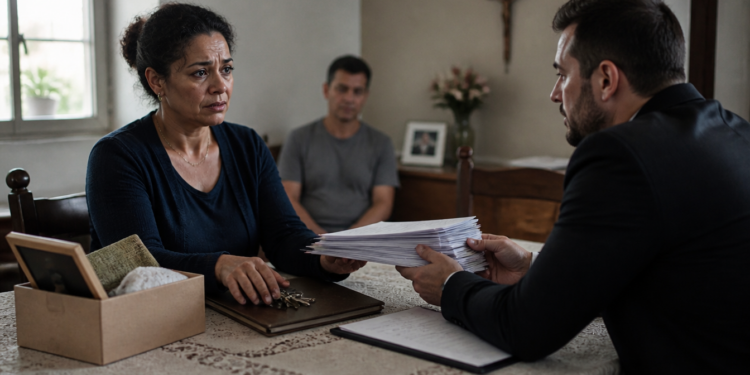 Mulher preocupada entrega uma pilha de documentos a um homem de terno, diante de chaves, pasta e caixa com objetos pessoais sobre a mesa.