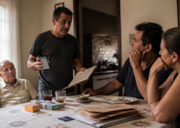 Homem mostra um celular e documentos a um idoso e a dois adultos reunidos ao redor de uma mesa com remédios, papéis e copos.