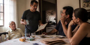 Homem mostra um celular e documentos a um idoso e a dois adultos reunidos ao redor de uma mesa com remédios, papéis e copos.