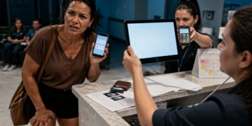 Mulher mostra no celular duas solicitações negadas enquanto atendentes apresentam uma maquininha e uma tela no balcão de uma clínica.