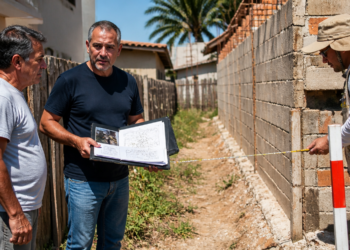 Três homens verificam a divisa entre terrenos enquanto um mede o muro com trena e outro mostra documentos da obra ao lado da construção.