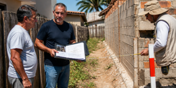 Três homens verificam a divisa entre terrenos enquanto um mede o muro com trena e outro mostra documentos da obra ao lado da construção.