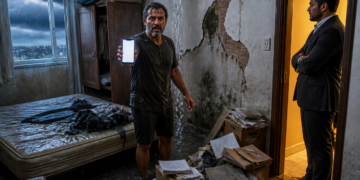 Homem molhado mostra o celular dentro de um quarto alagado, com parede tomada por infiltração, móveis danificados e outro homem de terno observando na porta.