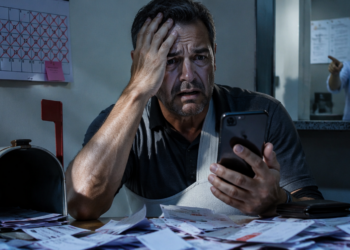 Homem com tipoia no braço segura um celular com expressão aflita, cercado por cartas e notificações espalhadas sobre a mesa, ao lado de uma caixa de correio aberta.