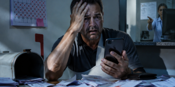Homem com tipoia no braço segura um celular com expressão aflita, cercado por cartas e notificações espalhadas sobre a mesa, ao lado de uma caixa de correio aberta.