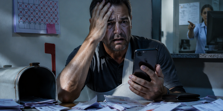 Homem com tipoia no braço segura um celular com expressão aflita, cercado por cartas e notificações espalhadas sobre a mesa, ao lado de uma caixa de correio aberta.