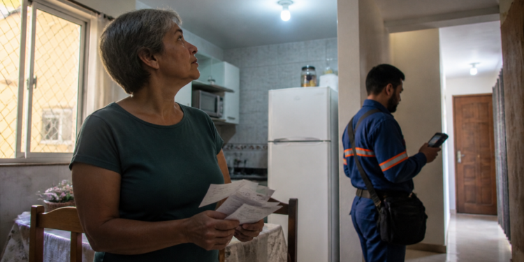 Mulher de cabelos grisalhos segura contas de energia na cozinha enquanto um técnico verifica o sistema elétrico da residência com um aparelho eletrônico.