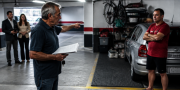 Homem mais velho aponta para uma vaga de garagem enquanto segura documentos, diante de um carro estacionado e de outro morador com os braços cruzados.