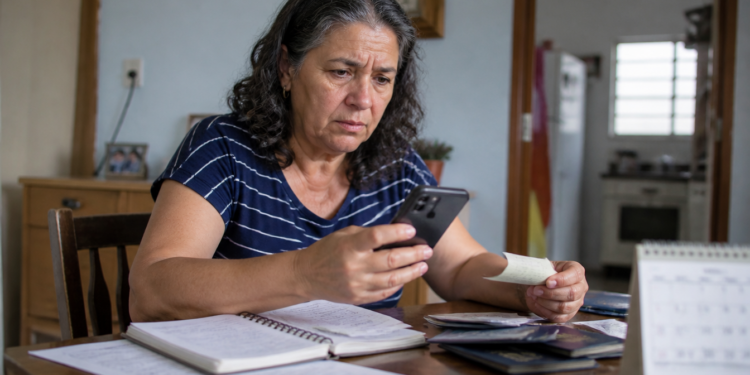 Mulher de 63 anos consulta o celular enquanto segura um comprovante e analisa anotações, documentos e cartões sobre a mesa de casa.