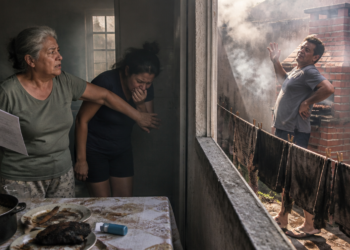 Duas mulheres dentro de casa reagem à fumaça que entra pela janela, enquanto um homem usa uma churrasqueira no quintal ao lado, perto de roupas no varal.