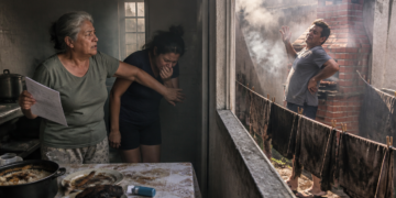 Duas mulheres dentro de casa reagem à fumaça que entra pela janela, enquanto um homem usa uma churrasqueira no quintal ao lado, perto de roupas no varal.