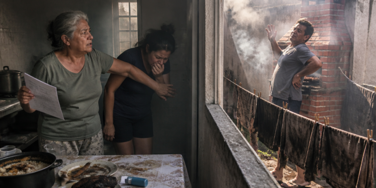 Duas mulheres dentro de casa reagem à fumaça que entra pela janela, enquanto um homem usa uma churrasqueira no quintal ao lado, perto de roupas no varal.