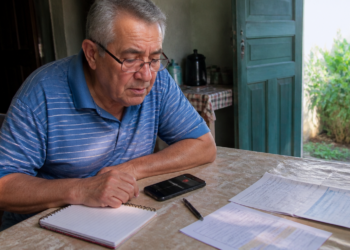 Homem idoso sentado à mesa observa um celular ao lado de caderno, caneta e documentos, em um ambiente residencial iluminado pela porta aberta.