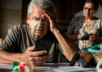 Homem idoso olha para o celular com expressão de preocupação, com a mão na testa, enquanto uma mulher observa ao fundo em uma cozinha com papéis, remédios e sacolas sobre a mesa.