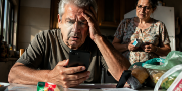 Homem idoso olha para o celular com expressão de preocupação, com a mão na testa, enquanto uma mulher observa ao fundo em uma cozinha com papéis, remédios e sacolas sobre a mesa.