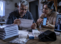 Homem idoso analisa um extrato com expressão preocupada enquanto uma mulher mostra movimentações no celular, diante de pilhas de documentos, remédios e uma videochamada.