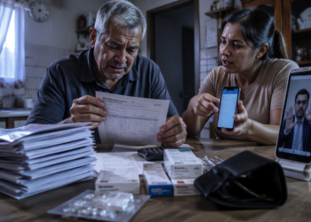Homem idoso analisa um extrato com expressão preocupada enquanto uma mulher mostra movimentações no celular, diante de pilhas de documentos, remédios e uma videochamada.