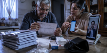 Homem idoso analisa um extrato com expressão preocupada enquanto uma mulher mostra movimentações no celular, diante de pilhas de documentos, remédios e uma videochamada.