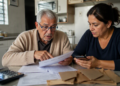 Homem idoso e mulher analisam documentos e um celular sobre a mesa da cozinha, cercados por envelopes e uma calculadora.