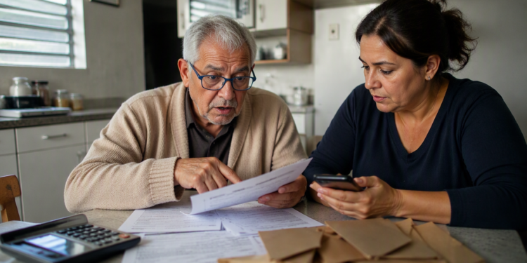 Homem idoso e mulher analisam documentos e um celular sobre a mesa da cozinha, cercados por envelopes e uma calculadora.