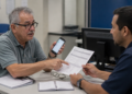 Aposentado de óculos mostra o celular e aponta para um extrato enquanto conversa com atendente em um escritório.