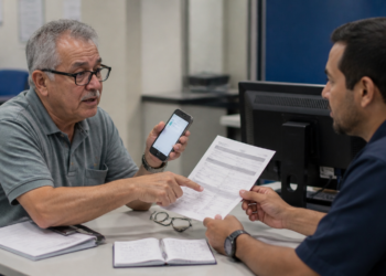 Aposentado de óculos mostra o celular e aponta para um extrato enquanto conversa com atendente em um escritório.
