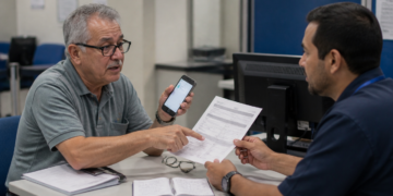 Aposentado de óculos mostra o celular e aponta para um extrato enquanto conversa com atendente em um escritório.