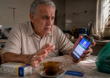 Homem idoso segura um celular com aplicativo aberto enquanto gesticula diante de uma caixa de remédio, uma xícara e um cartão sobre a mesa.