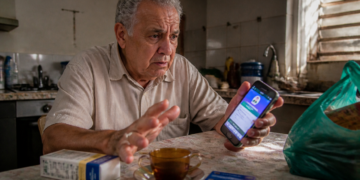 Homem idoso segura um celular com aplicativo aberto enquanto gesticula diante de uma caixa de remédio, uma xícara e um cartão sobre a mesa.